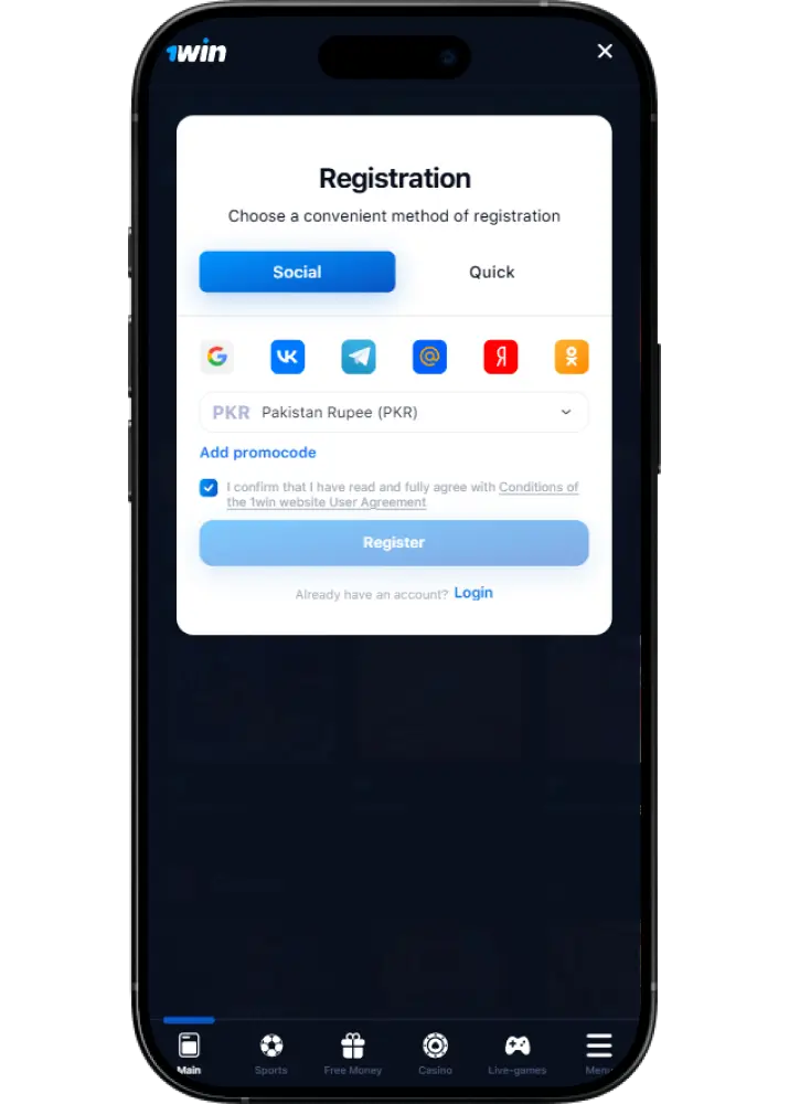 Registration 1win casino Pakistan