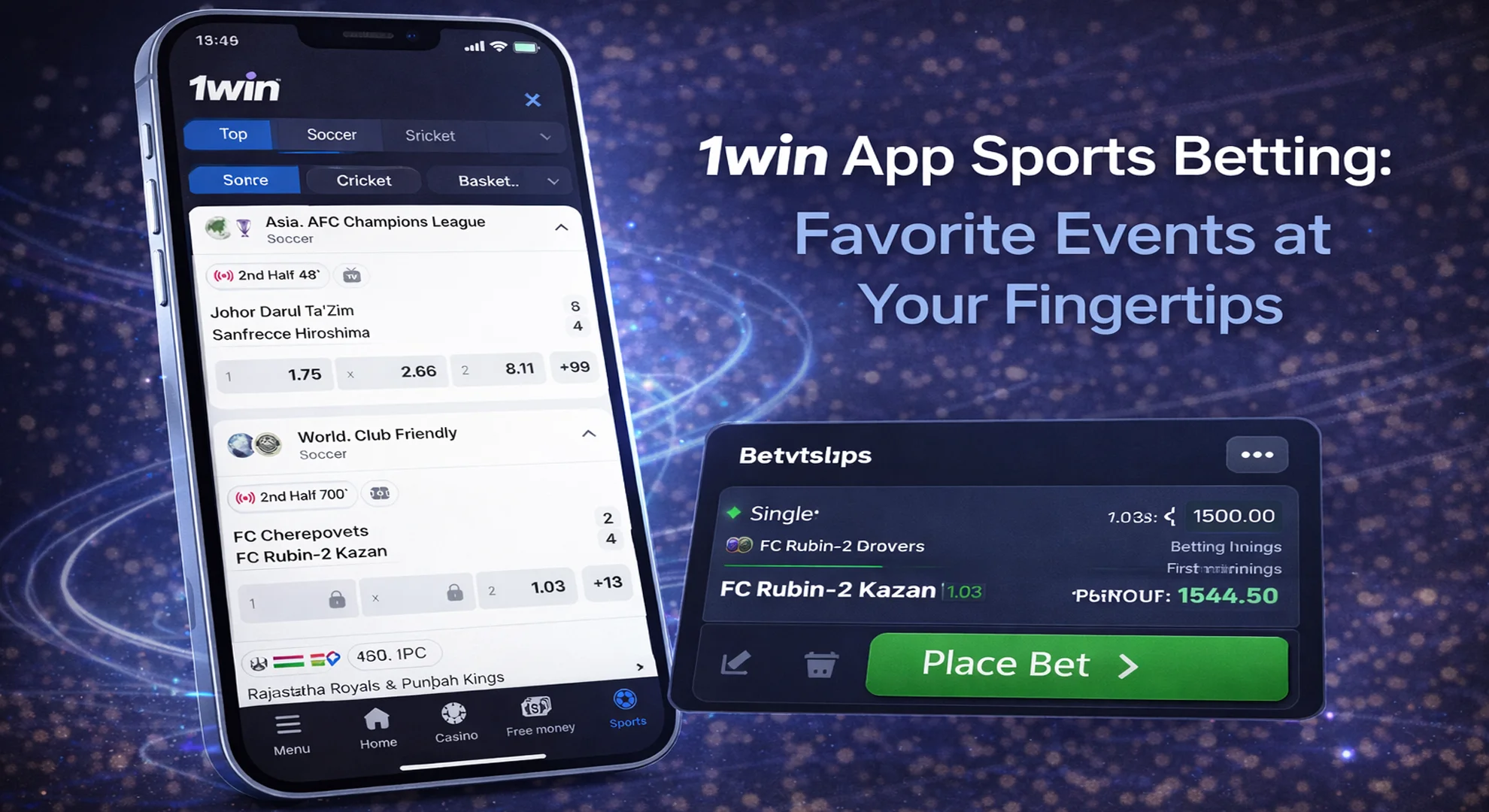 1win app sports betting screen with live odds bet slip and football cricket matches in Pakistan