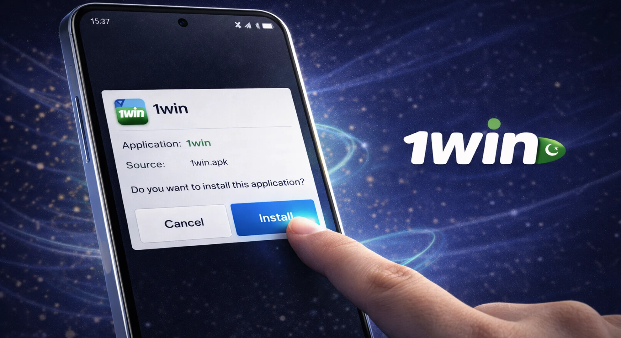 Confirm installation of 1win APK on Android smartphone