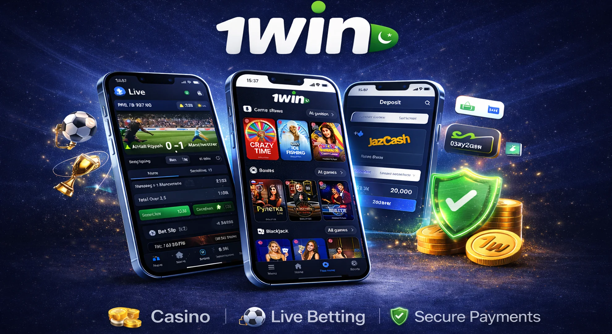 main features of 1win mobile app Pakistan casino live betting secure payments