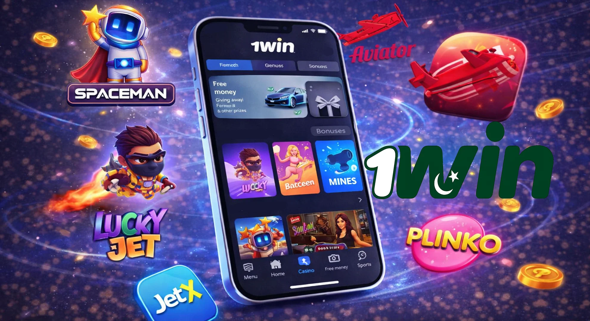 1win app casino games on mobile screen showing slots aviator live roulette and balance in PKR