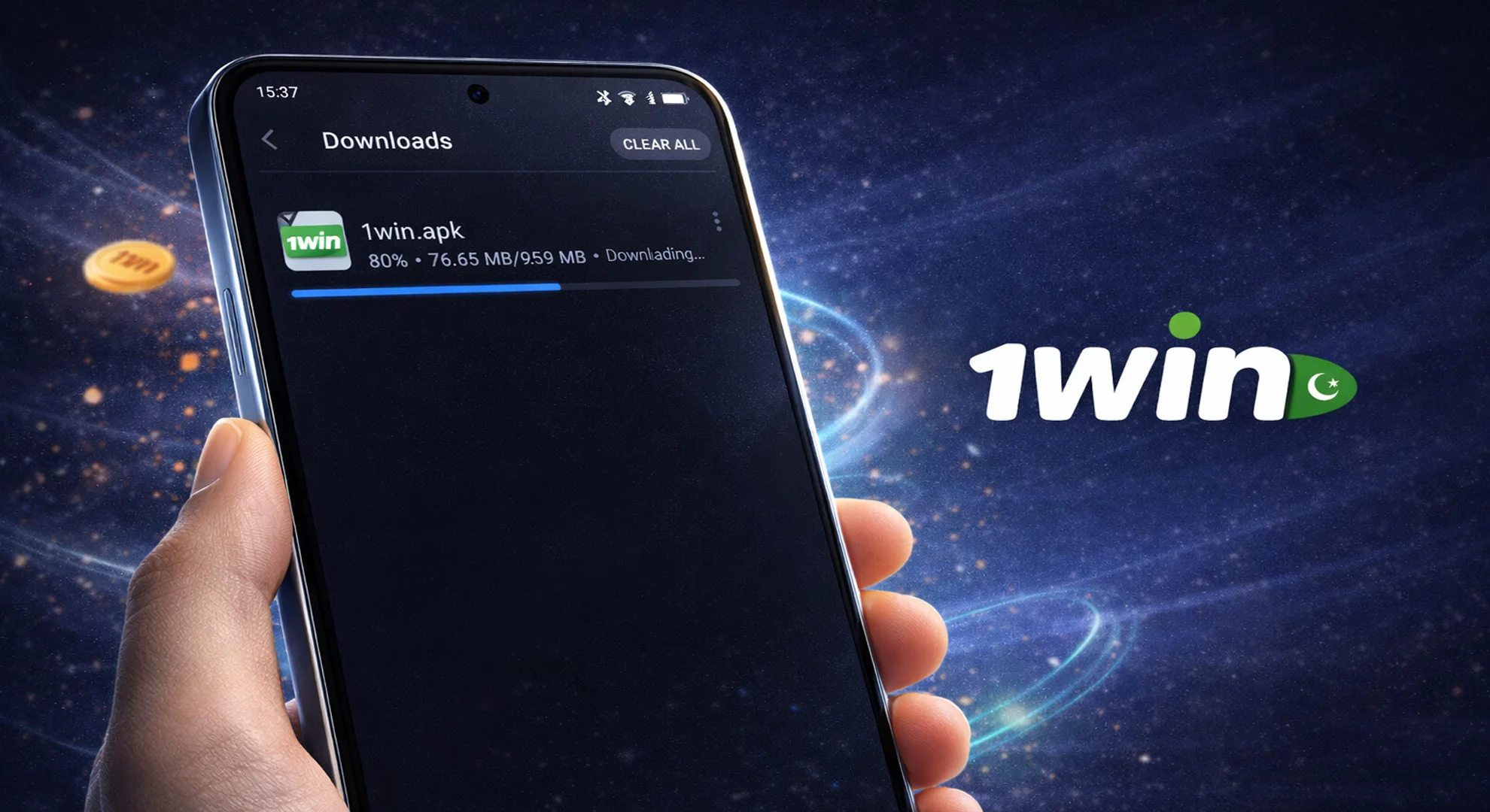 1win APK download progress on Android smartphone in Pakistan