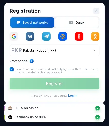 Registration 1win casino Pakistan