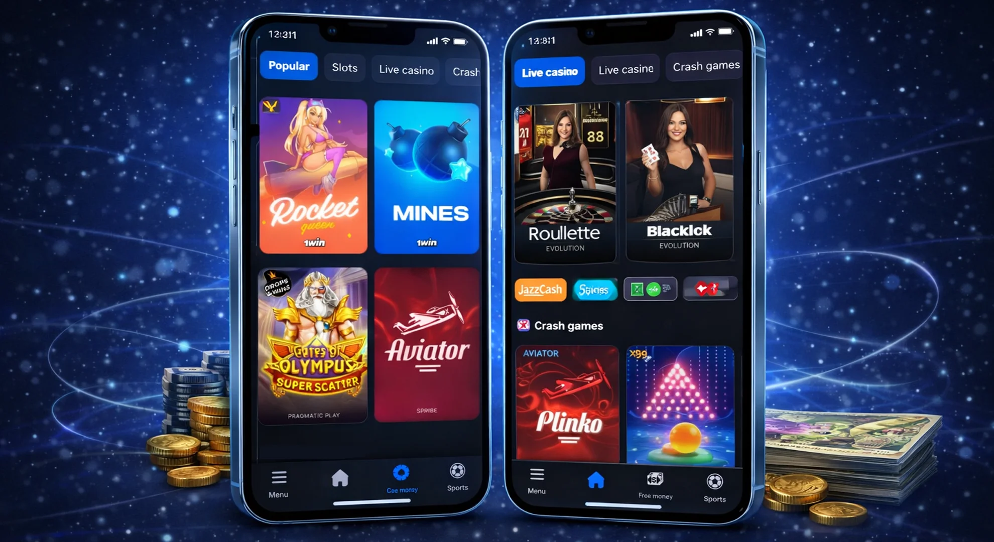 1win casino presented on mobile device in Pakistan with slots and live games