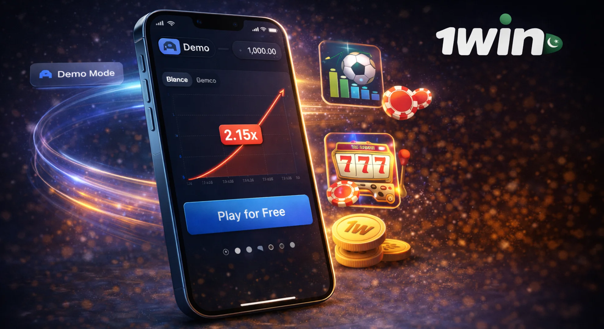 1win demo account mode in the mobile app showing free play casino games in Pakistan