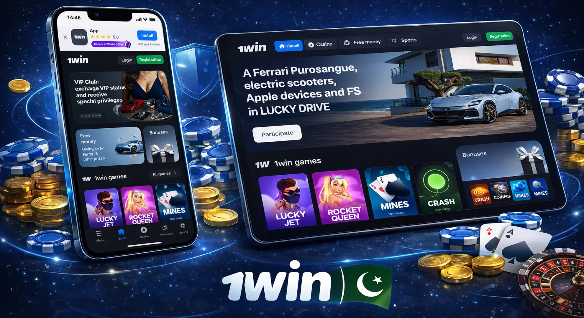 casino games available at 1win Pakistan shown on mobile app including slots live dealer and crash games