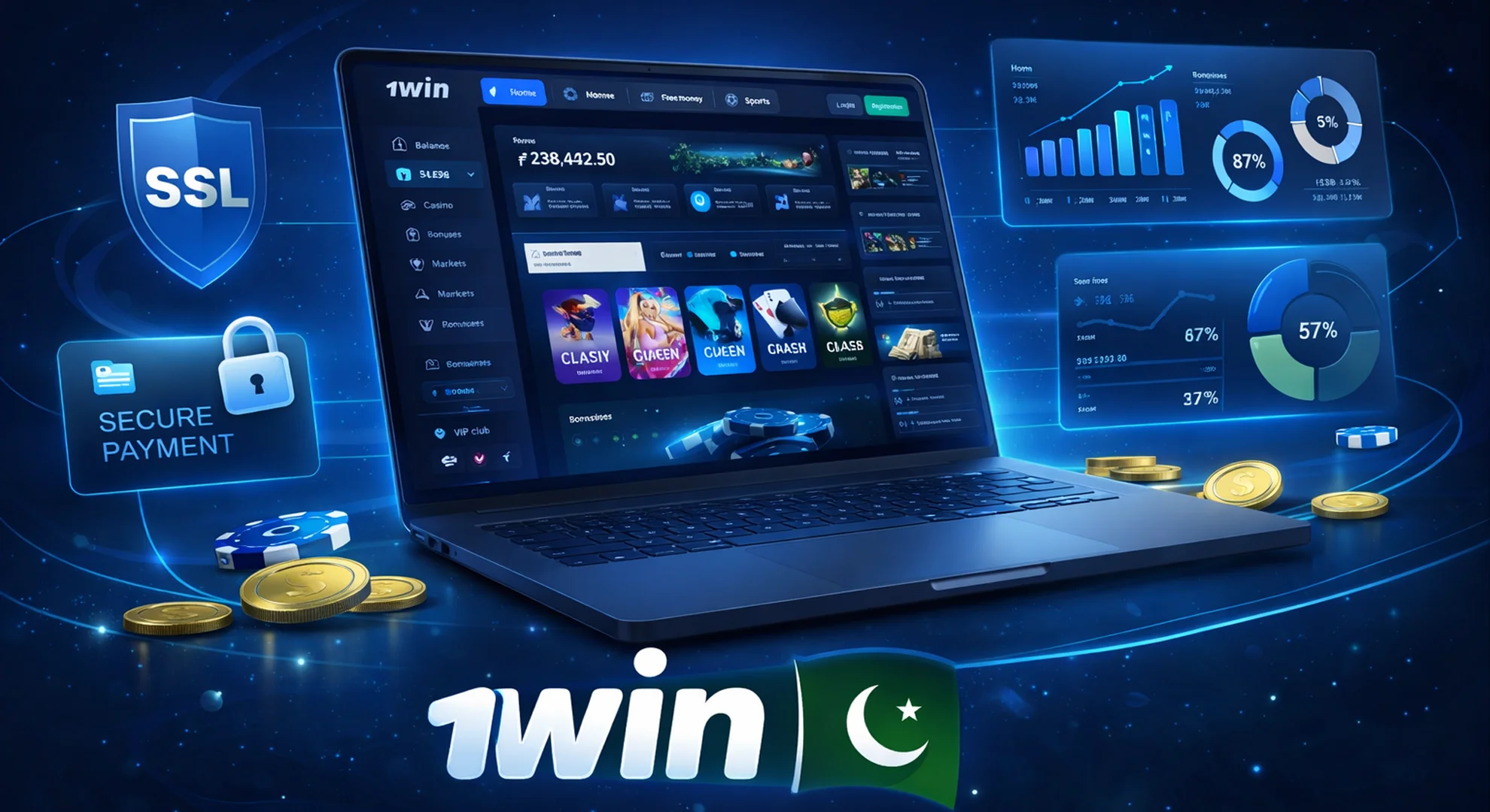 Main information about 1win platform interface with casino and sportsbook sections