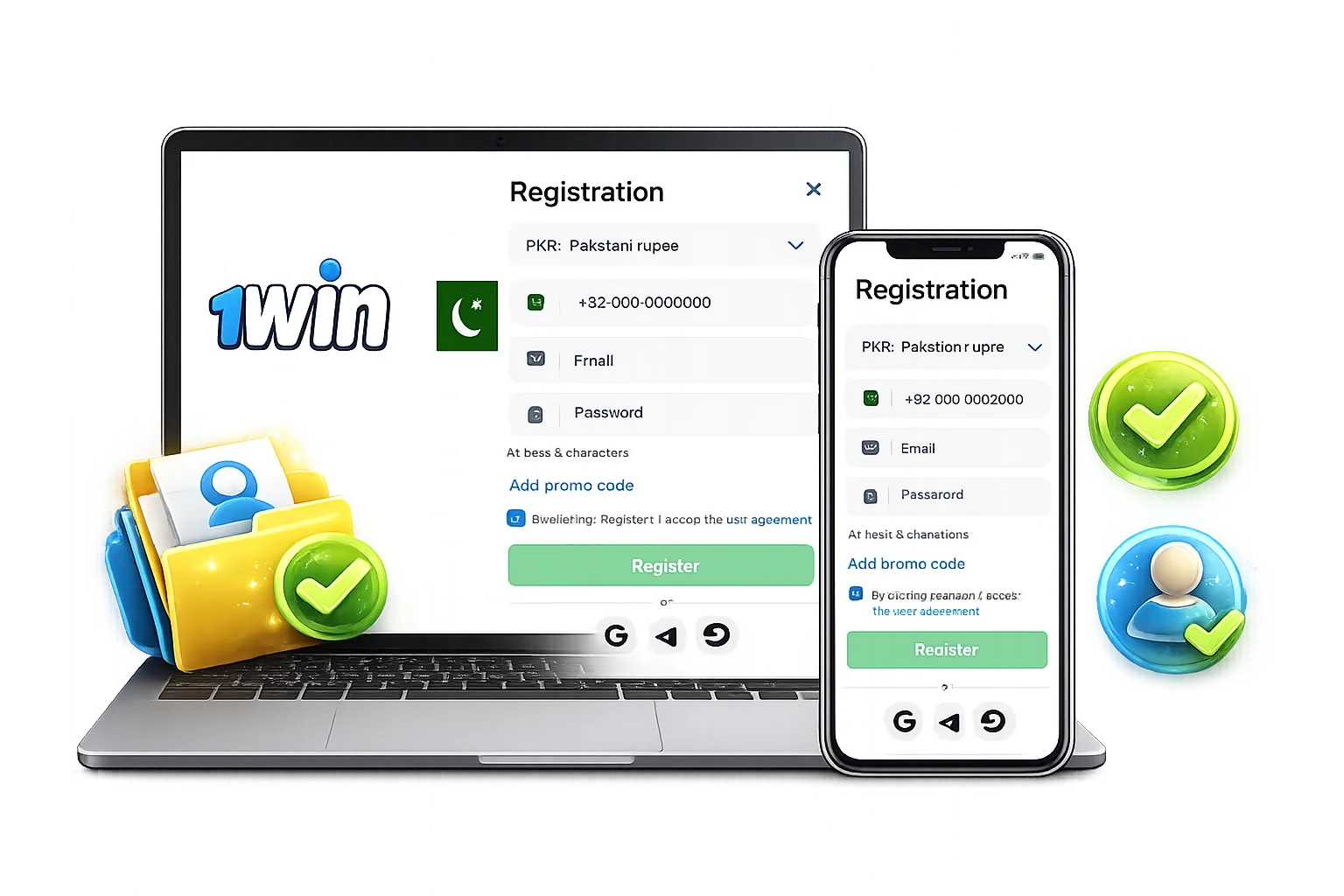 1win registration and login page on mobile and laptop screen in Pakistan