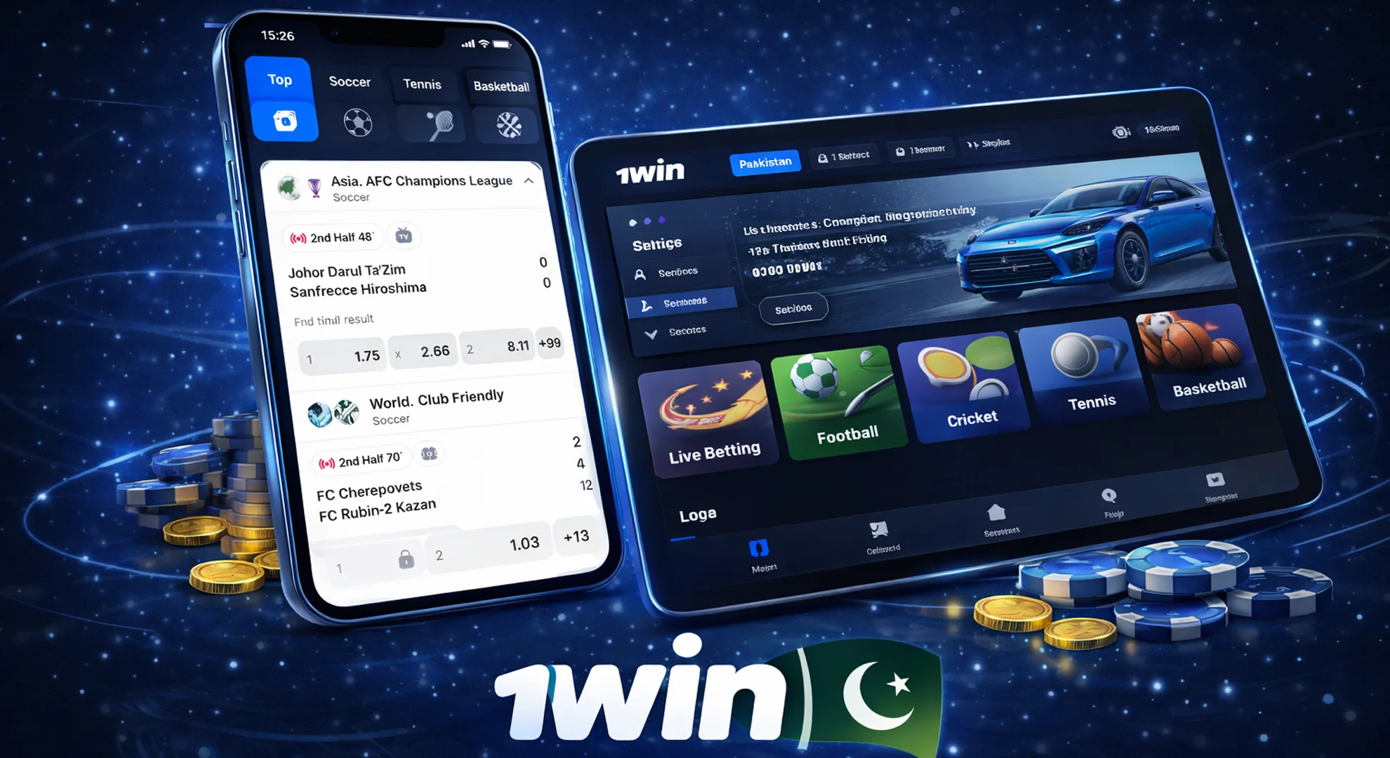 available types of bets at 1win bookmaker mobile app including pre-match live express and system bets